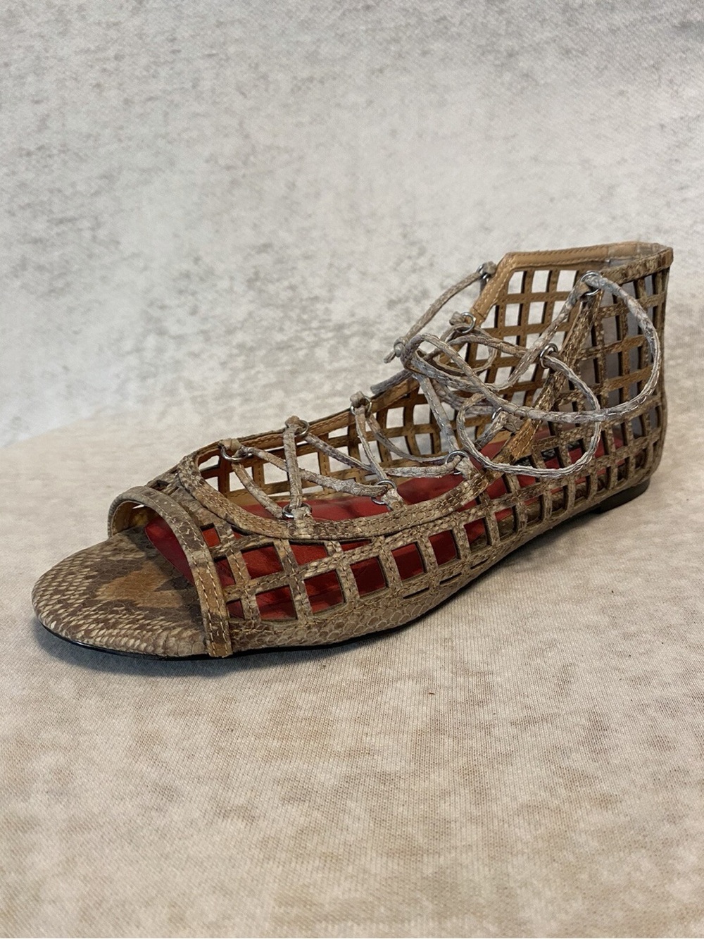 Women's Taupe Cage Gladiator Sandals with Red Insole